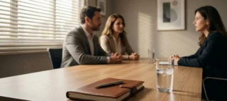 Mesa de reunião corporativa durante consultoria jurídica sobre regime de convivência e guarda compartilhada na Grande São Paulo.