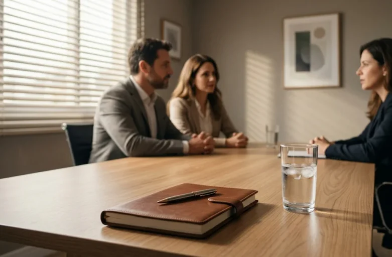 Mesa de reunião corporativa durante consultoria jurídica sobre regime de convivência e guarda compartilhada na Grande São Paulo.