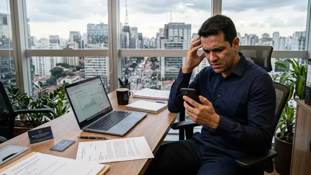 Homem em escritório em São Paulo preocupado olhando para o celular com notificação de conta bancária bloqueada, simbolizando angústia e necessidade de ação jurídica.