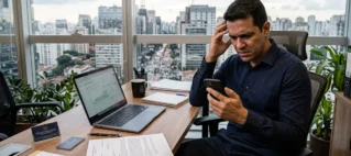Homem em escritório em São Paulo preocupado olhando para o celular com notificação de conta bancária bloqueada, simbolizando angústia e necessidade de ação jurídica.