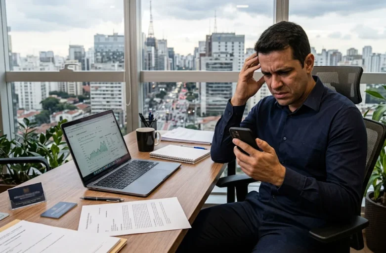 Homem em escritório em São Paulo preocupado olhando para o celular com notificação de conta bancária bloqueada, simbolizando angústia e necessidade de ação jurídica.