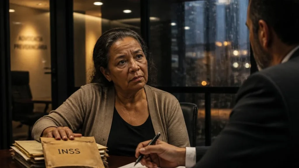 Mulher de expressão cansada sentada em escritório de advocacia em São Paulo, consultando advogado experiente, com pastas de documentos médicos e envelope do INSS sobre a mesa.