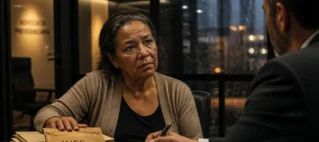 Mulher de expressão cansada sentada em escritório de advocacia em São Paulo, consultando advogado experiente, com pastas de documentos médicos e envelope do INSS sobre a mesa.