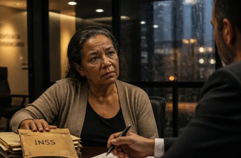 Mulher de expressão cansada sentada em escritório de advocacia em São Paulo, consultando advogado experiente, com pastas de documentos médicos e envelope do INSS sobre a mesa.
