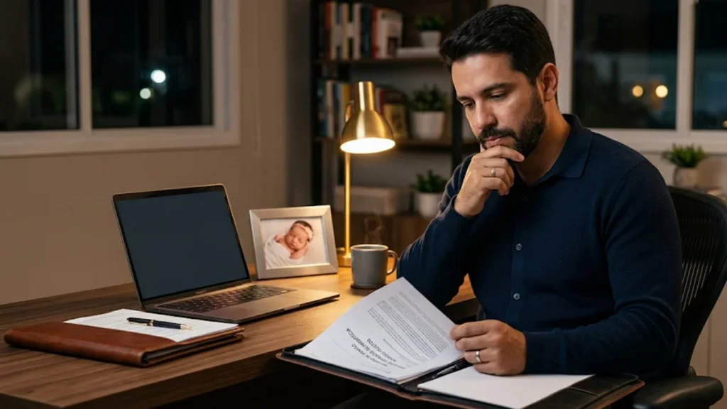 Pai analisando documentos de despesas em uma mesa de trabalho organizada para pedido de revisão de pensão alimentícia.