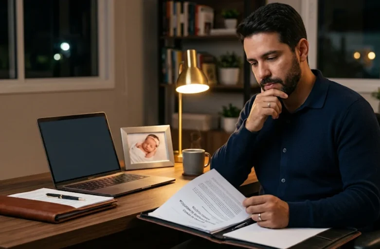 Pai analisando documentos de despesas em uma mesa de trabalho organizada para pedido de revisão de pensão alimentícia.