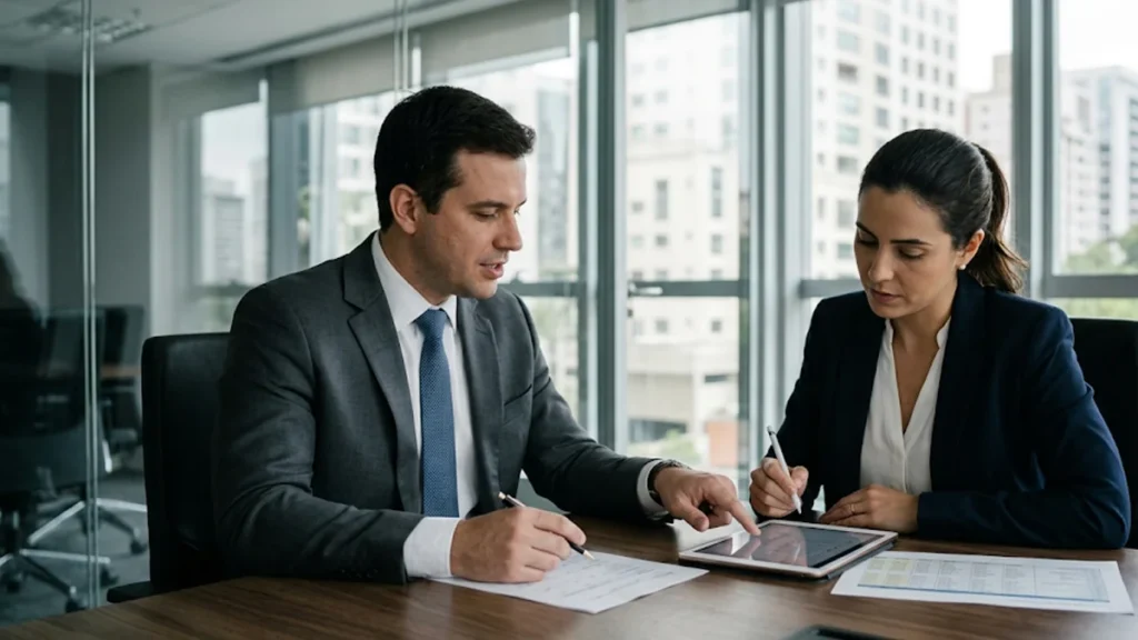 Advogado e cliente em uma consulta jurídica moderna em São Paulo, analisando documentos e uma tela de tablet sobre revisão de verbas trabalhistas.
