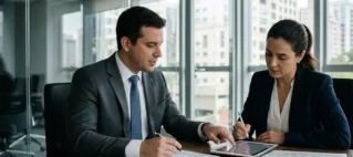 Advogado e cliente em uma consulta jurídica moderna em São Paulo, analisando documentos e uma tela de tablet sobre revisão de verbas trabalhistas.