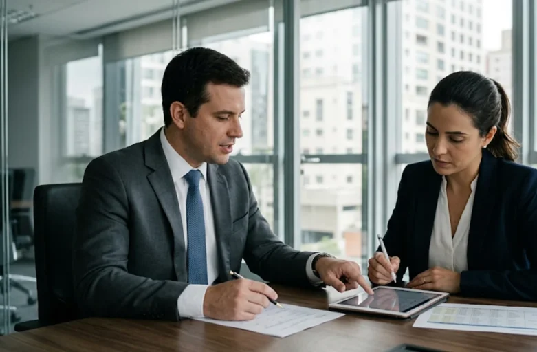 Advogado e cliente em uma consulta jurídica moderna em São Paulo, analisando documentos e uma tela de tablet sobre revisão de verbas trabalhistas.