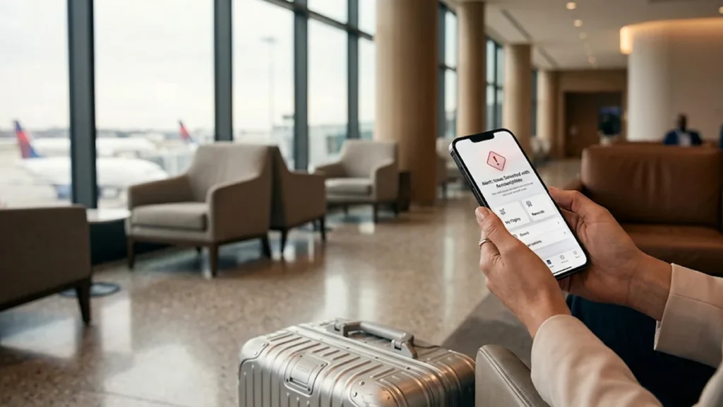 Passageiro segura smartphone exibindo notificação de aplicativo de milhas aéreas bloqueadas enquanto aguarda em lounge de aeroporto.