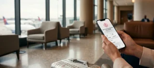 Passageiro segura smartphone exibindo notificação de aplicativo de milhas aéreas bloqueadas enquanto aguarda em lounge de aeroporto.