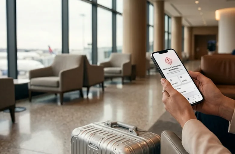 Passageiro segura smartphone exibindo notificação de aplicativo de milhas aéreas bloqueadas enquanto aguarda em lounge de aeroporto.