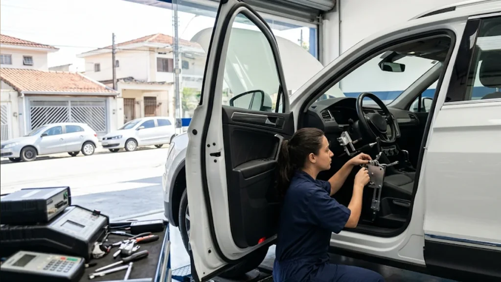 Técnica automotiva em São Paulo inspeciona mecanismo de adaptação manual em um veículo zero quilômetro com a porta aberta, em uma oficina especializada.
