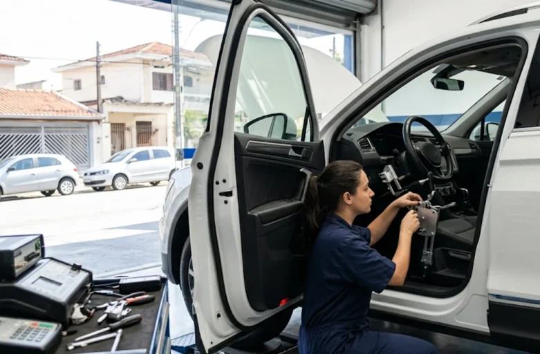 Técnica automotiva em São Paulo inspeciona mecanismo de adaptação manual em um veículo zero quilômetro com a porta aberta, em uma oficina especializada.