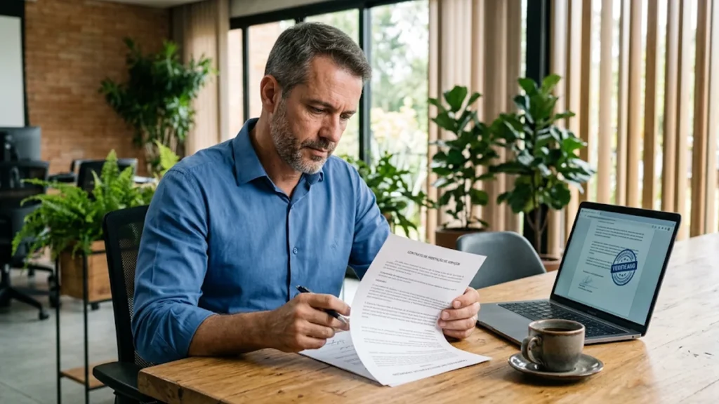Empresário analisando documento impresso e tela de laptop com certidão de regularidade trabalhista para fechamento de contrato comercial.