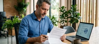 Empresário analisando documento impresso e tela de laptop com certidão de regularidade trabalhista para fechamento de contrato comercial.