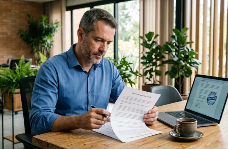 Empresário analisando documento impresso e tela de laptop com certidão de regularidade trabalhista para fechamento de contrato comercial.