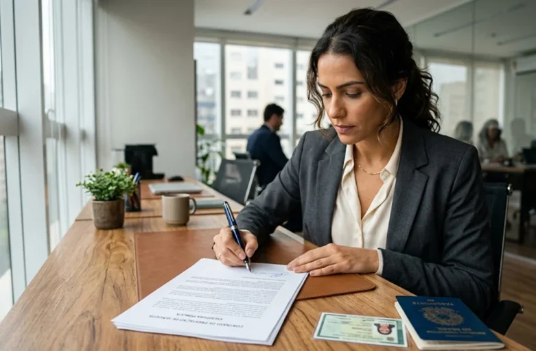 Mulher assinando requerimento em cartório para retomar o nome de solteiro sem necessidade de processo de divórcio.