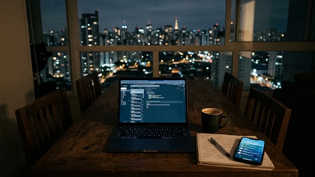 Laptop ligado sobre mesa de jantar em ambiente residencial à noite com celular recebendo notificações de trabalho.