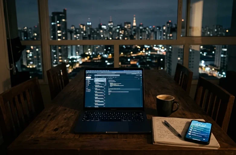 Laptop ligado sobre mesa de jantar em ambiente residencial à noite com celular recebendo notificações de trabalho.