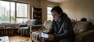 Morador insatisfeito utilizando aplicativo de celular em sala de estar com problemas de infiltração na parede.