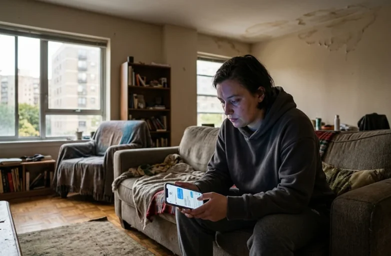 Morador insatisfeito utilizando aplicativo de celular em sala de estar com problemas de infiltração na parede.