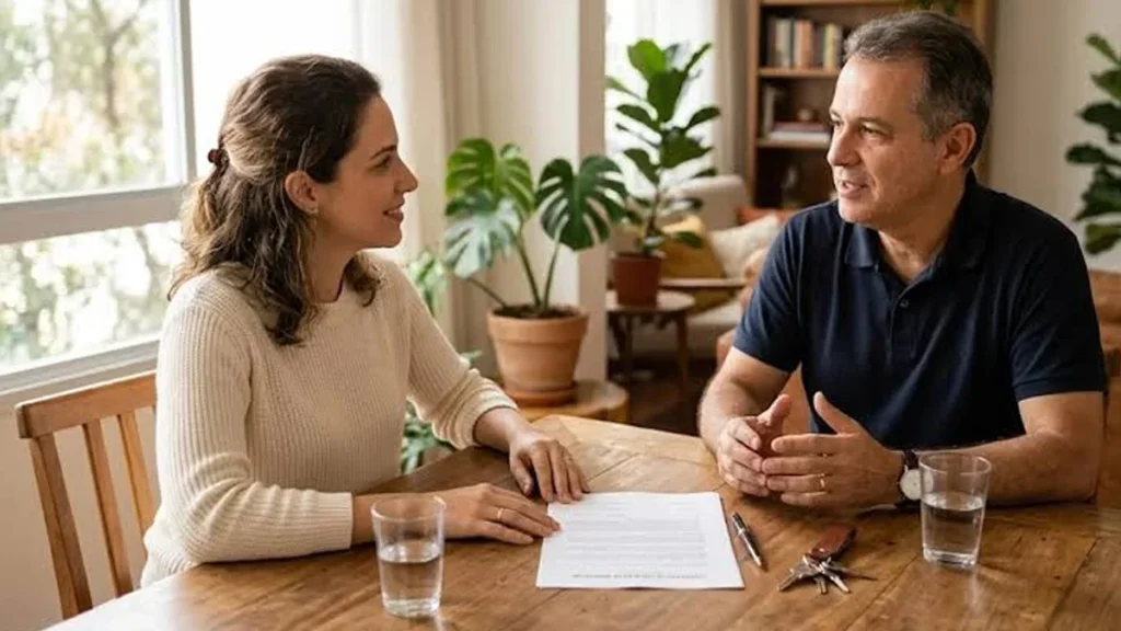 Pessoas analisando contrato de aluguel impresso com chaves residenciais sobre a mesa de madeira.