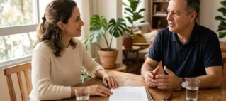 Pessoas analisando contrato de aluguel impresso com chaves residenciais sobre a mesa de madeira.