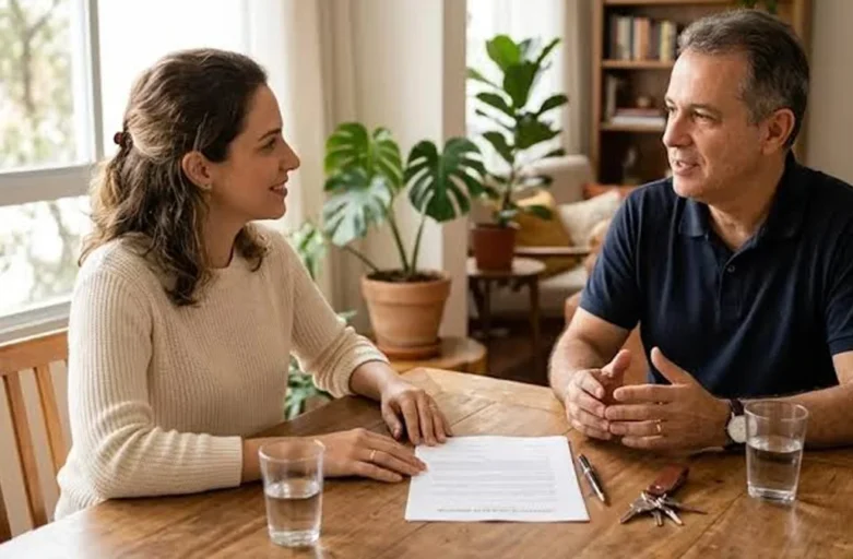 Pessoas analisando contrato de aluguel impresso com chaves residenciais sobre a mesa de madeira.