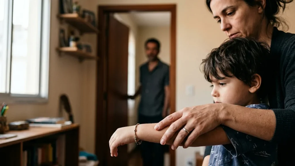 Close na mão de uma mulher segurando o braço de um filho pequeno, com um homem afastado ao fundo, ilustrando a tensão da medida protetiva na convivência familiar em São Paulo.