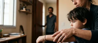 Close na mão de uma mulher segurando o braço de um filho pequeno, com um homem afastado ao fundo, ilustrando a tensão da medida protetiva na convivência familiar em São Paulo.