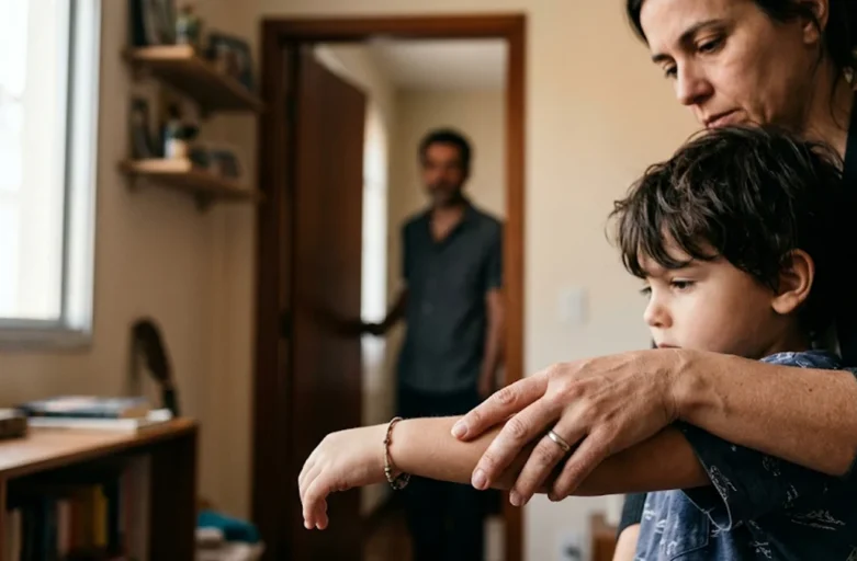 Close na mão de uma mulher segurando o braço de um filho pequeno, com um homem afastado ao fundo, ilustrando a tensão da medida protetiva na convivência familiar em São Paulo.