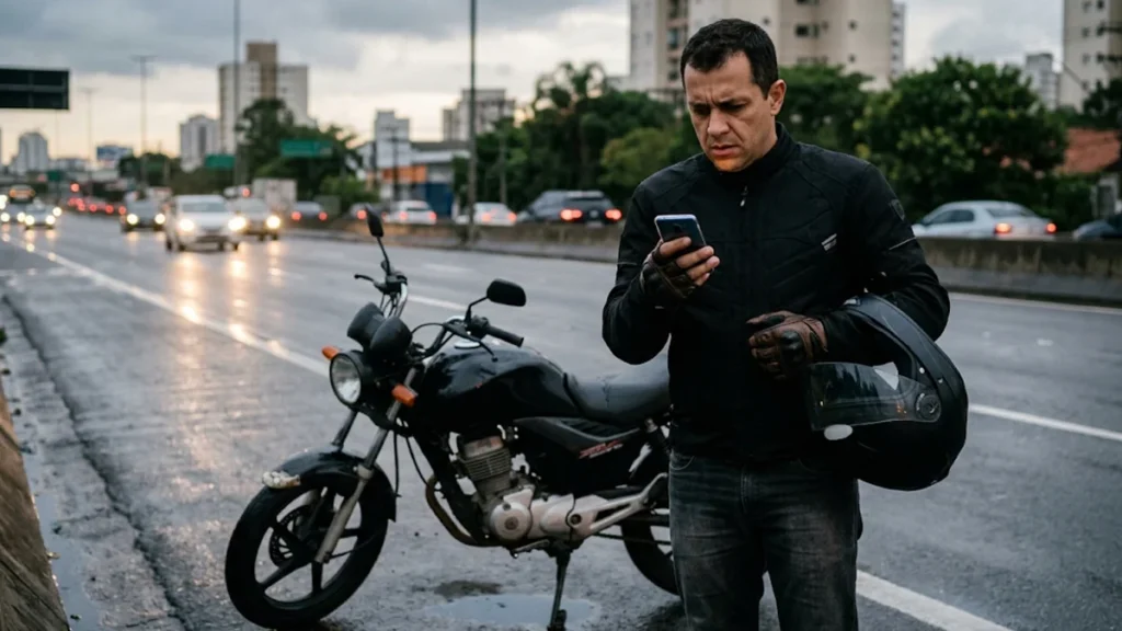 Motociclista preocupado ao lado de moto usada com defeito mecânico na rua olhando mensagem no celular.