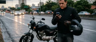 Motociclista preocupado ao lado de moto usada com defeito mecânico na rua olhando mensagem no celular.