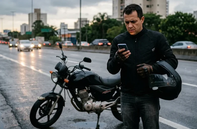 Motociclista preocupado ao lado de moto usada com defeito mecânico na rua olhando mensagem no celular.