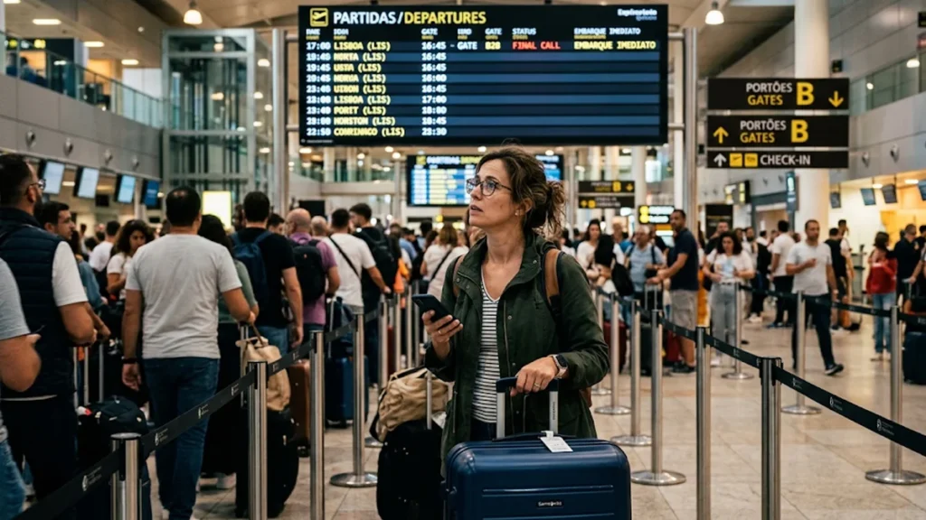 Passageira com mala de mão preocupada em fila extensa de check-in dentro de saguão de aeroporto.