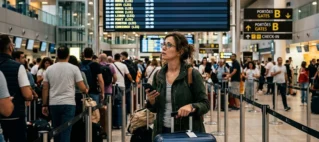 Passageira com mala de mão preocupada em fila extensa de check-in dentro de saguão de aeroporto.