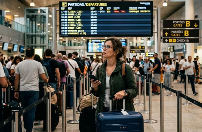 Passageira com mala de mão preocupada em fila extensa de check-in dentro de saguão de aeroporto.