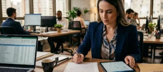 Profissional financeira analisando contrato de serviço B2B para envio ao cartório de protesto em São Paulo.