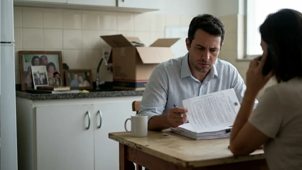 Homem em apartamento na Grande São Paulo com expressão preocupada lendo matrícula de imóvel, representando os riscos e a tensão de comprar um imóvel ocupado.