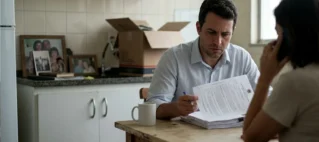 Homem em apartamento na Grande São Paulo com expressão preocupada lendo matrícula de imóvel, representando os riscos e a tensão de comprar um imóvel ocupado.