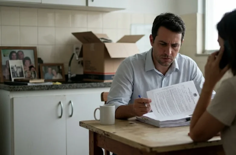 Homem em apartamento na Grande São Paulo com expressão preocupada lendo matrícula de imóvel, representando os riscos e a tensão de comprar um imóvel ocupado.