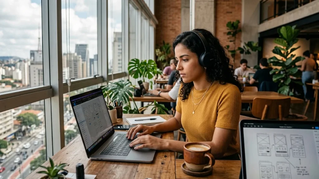 Profissional criativo trabalhando em um notebook focado na criação de projetos para clientes em uma agência.