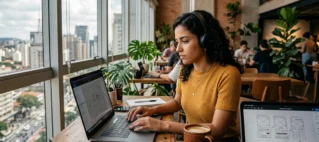 Profissional criativo trabalhando em um notebook focado na criação de projetos para clientes em uma agência.