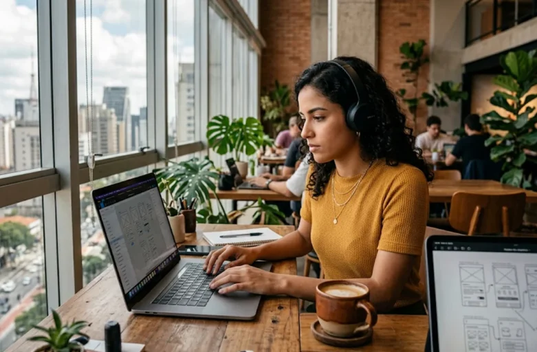 Profissional criativo trabalhando em um notebook focado na criação de projetos para clientes em uma agência.