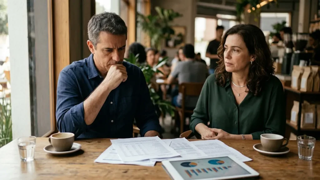 Casal analisando documentos financeiros sobre uma mesa, ilustrando a separação de bens e partilha de cotas de uma empresa familiar em caso de divórcio.