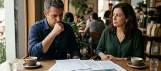 Casal analisando documentos financeiros sobre uma mesa, ilustrando a separação de bens e partilha de cotas de uma empresa familiar em caso de divórcio.