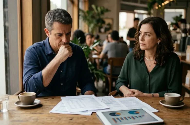Casal analisando documentos financeiros sobre uma mesa, ilustrando a separação de bens e partilha de cotas de uma empresa familiar em caso de divórcio.