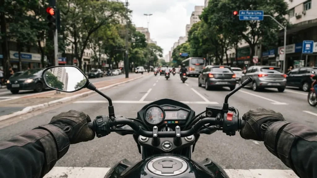 Visão em primeira pessoa de um motociclista no trânsito de São Paulo, focando no painel da moto com o indicador de farol apagado.