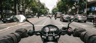 Visão em primeira pessoa de um motociclista no trânsito de São Paulo, focando no painel da moto com o indicador de farol apagado.